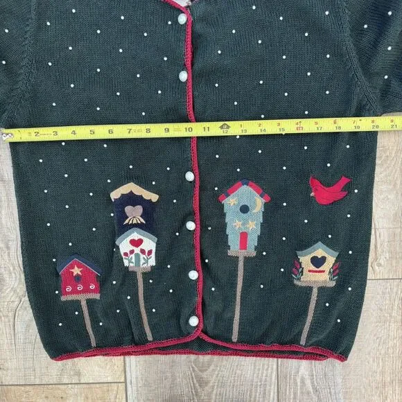 Vintage Womens Winter Sweater Size M Christmas Green 90s Beaded Hand Embroidered - Picture 10 of 13